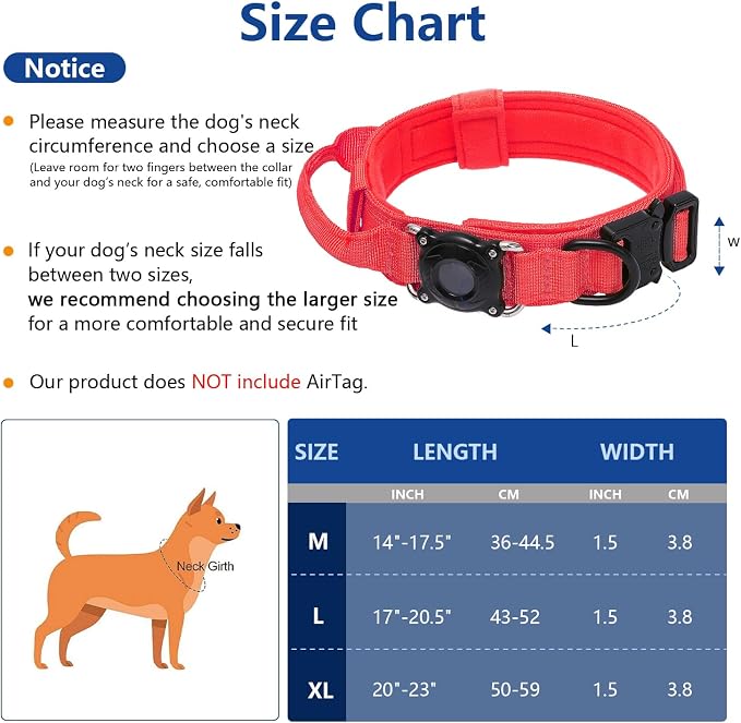 Tactical AirTag Dog Collar Waterproof with QR ID Tag, Military Training Dog Collar with Built-in AirTag Holder, Strong Metal Buckle & Control Handle, GPS Tracking Collar for Medium Dogs (Red, M)