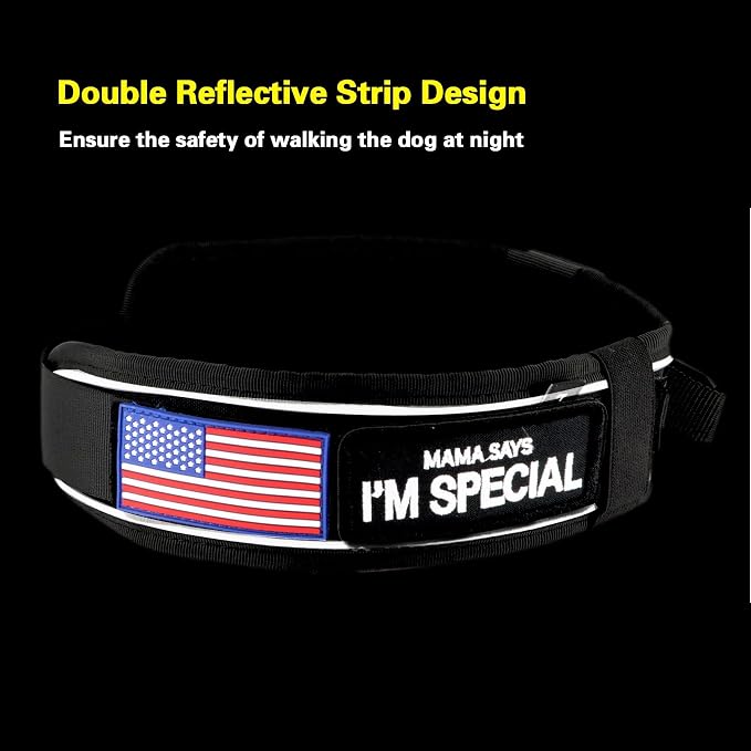 Tactical Dog Collar with Handle for Large Dogs, 2.5"Wide Thick Heavy Duty Metal Buckle Dog Collar with Soft Neoprene Padded Lining, Military Service Reflective Collar for Training(Black,L,XL)