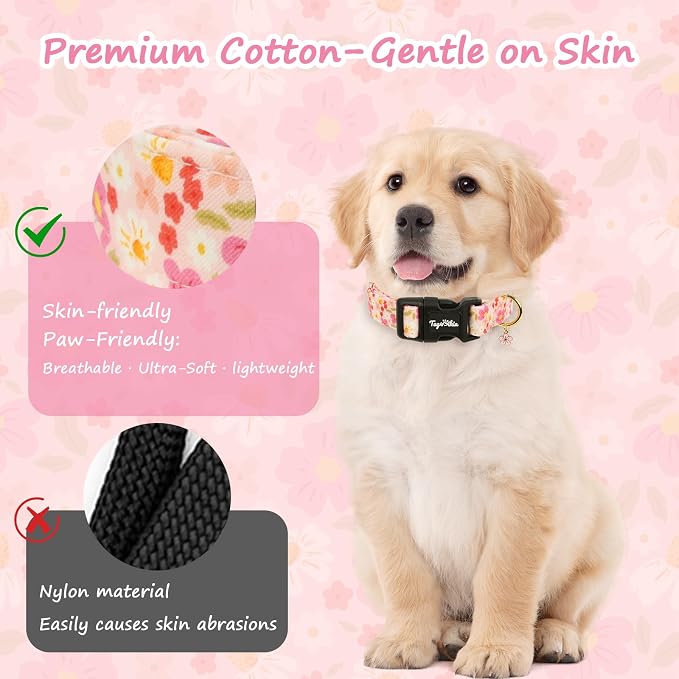 Dog Collar with Cherry Blossom Patterns, Spring Summer Collection Pink Dog Collar with Exquisite Pendant, Durable Adjustable Collars for Gifts & Daily Use-S