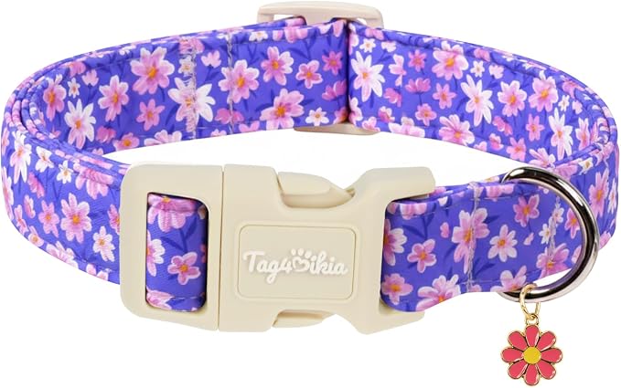 Floral Dog Collar, Spring Summer Cute Purple Flower Pet Collar for Small Medium Large Dogs, Cotton Puppy Collar with Adjustable Buckle, Girl or Boy Dog for Gifts & Daily Use-XS