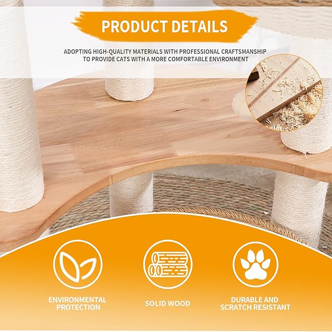 54" Modern Cat Tree Tower for Indoor Cats, Oak Cat Scratching Tree for Multiple Large Cats, Manual Hand Woven Luxury Cat Condo, Unique High-end Design Cat Furniture Activity Centre, Easy Clean