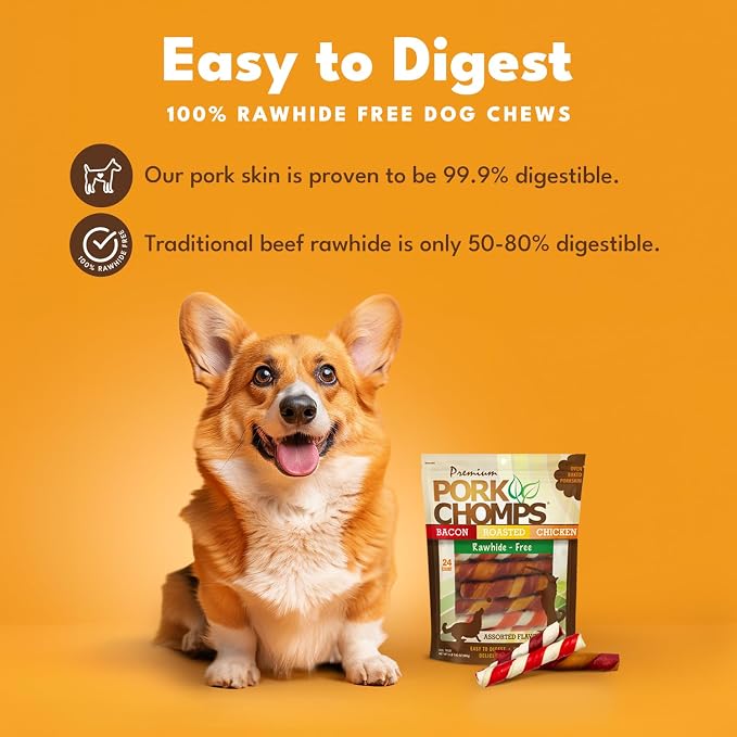 Pork Chomps Baked Pork Skin Dog Chews, 6 Inch Twists, 24 Count - Assorted Flavors - Long-Lasting Treats for Dogs - High Protein, Rawhide-Free, Low Fat, Healthy & Delicious Chews