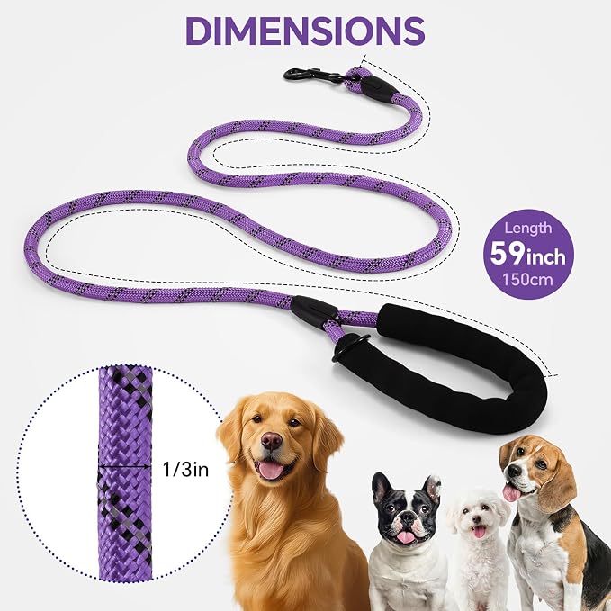 Heavy Duty Dog Leash - 4.9 FT for Large and Small Dogs - Strong Nylon, Comfortable Handle, Reflective Stitching - Ideal for Walking, Training, and Outdoor Activities, Purple