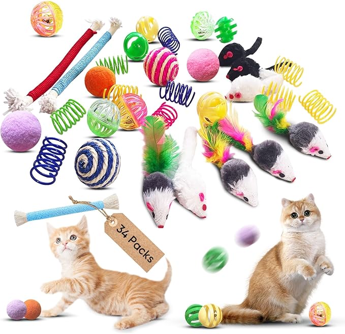 Cat Toys for Indoor Cats, 34 Packs Interactive Cat Toy Set with Colorful Springs Toys, Mouse Toy, Catnip Ropes, Balls, Bells, and Sisal Ball for Kitten Toys