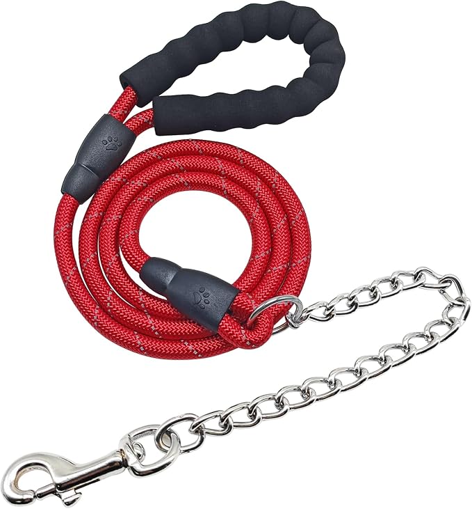 BTINESFUL 6FT Chewproof Dog Leash, Strong Nylon Rope with Anti-Chewing Chain and Padded Handle for Medium Large Dogs Outdoor Training Walking Hiking (red)
