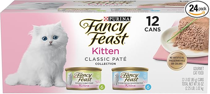 Purina Fancy Feast Kitten Tender Ocean Whitefish Feast and Tender Turkey Feast Wet Kitten Food Variety Pack - (2 Packs of 12) 3 oz. Cans