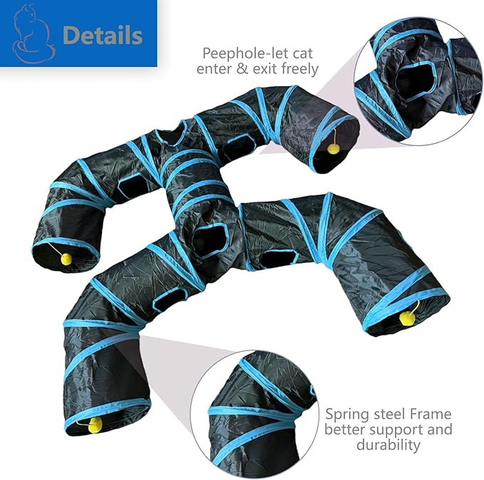 Foldable H-Shaped Cat Tunnel Toy with Interactive Playing Balls - 4 Exits for Cats, Kittens, Rabbits & Small Pets Collapsible Play Tube for Indoor Fun & Exercise (Blue Black)