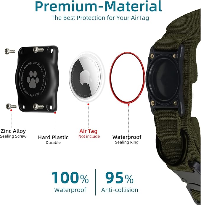 Tactical AirTag Dog Collar, 100% Waterproof Integrated Apple Air Tag Dog Collars with Hard PC AirTag Holder, Adjustable Military Collar with Handle, GPS Dog Collar for Medium Large Dogs(ArmyGreen,XL)