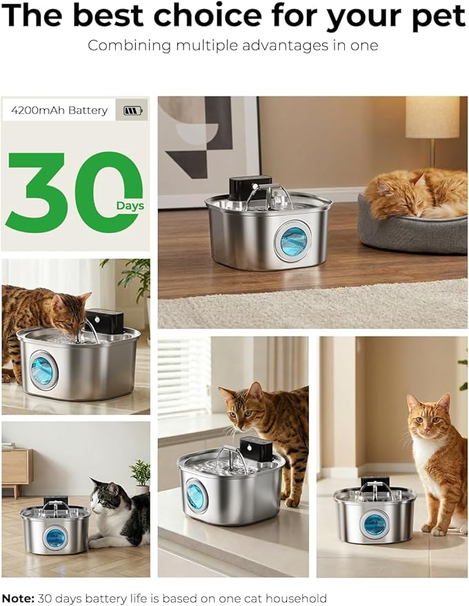 Voluas Stainless Steel Wireless Cat Water Fountain: 3.2L/108oz 3-Modes Pet Drinking Fountain Indoor Cordless Motion Sensor with Pet Water Dispenser Bowl with Water Level Window, BPA-Free, 4Filter