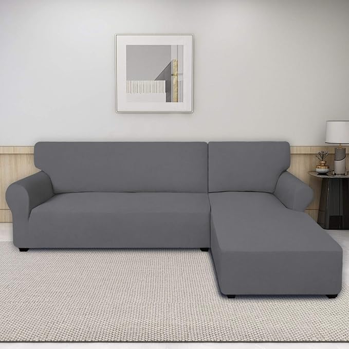 PureFit Super Stretch Sectional Couch Covers - 2 pcs Spandex Non Slip Sofa Covers with Elastic Bottom for L Shape Sectional Sofa Couch, Great for Kids & Pets (3 Seat Sofa + 3 Seat Chaise, Gray)