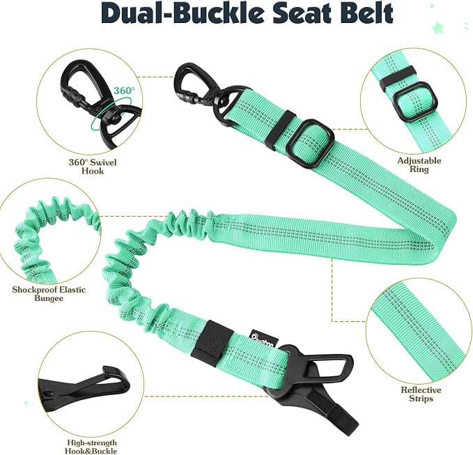 Pawaboo Dog Seat Belt Harness for Car, Dog Car Harness Seatbelt with Double Clips, Adjustable Breathable Pet Vest & Dogs Safety Tether with Elastic Bungee for Small Medium Large Pet, XL, Blue + Black