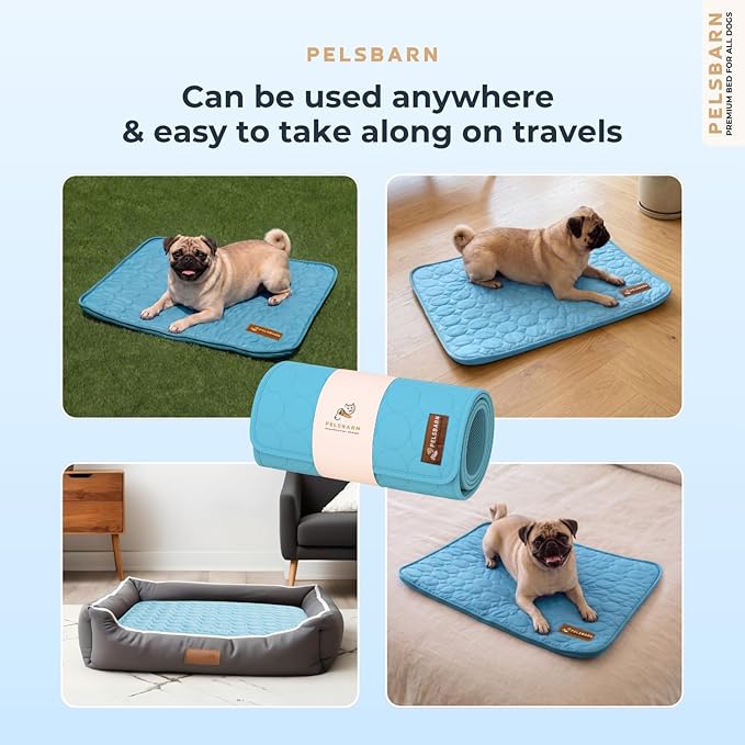 Pelsbarn Dog Cooling Mat- Ice Silk Summer Comfort, Self Cooling, Non-Slip Dog Pad, Durable & Washable, Mat for Small Dogs 18 x 21, Support Shelter Dogs with Every Purchase (Blue)