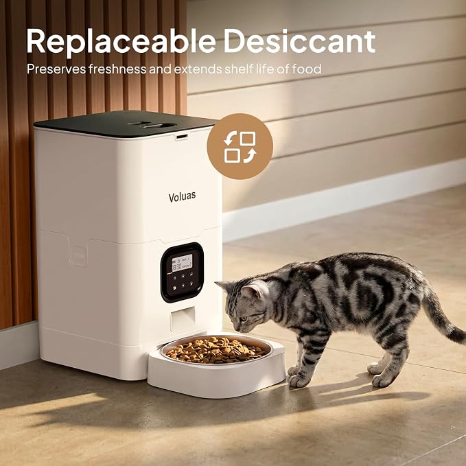 VOLUAS Automatic Cat Feeders - Pet Food Dispenser for Dry Food, Timed Cat Feeder with Desiccant Bag, Programmable Portion Size Control 4 Meals Per Day, 10s Voice Recorder
