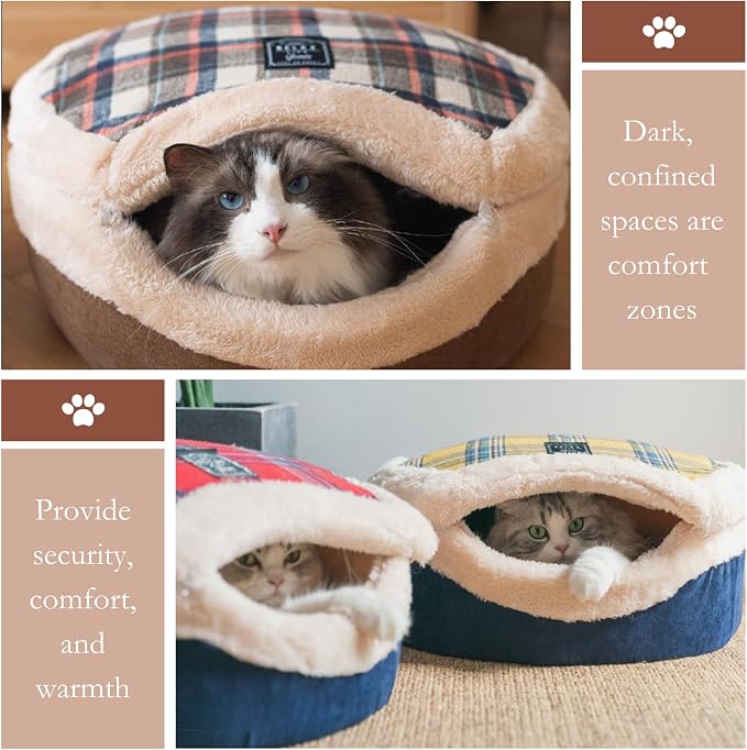 Cat Bed Cave – Enclosed Hideaway with Detachable Lid & Mat, Covered Round House for Indoor Kitten & Kitty (Snow)
