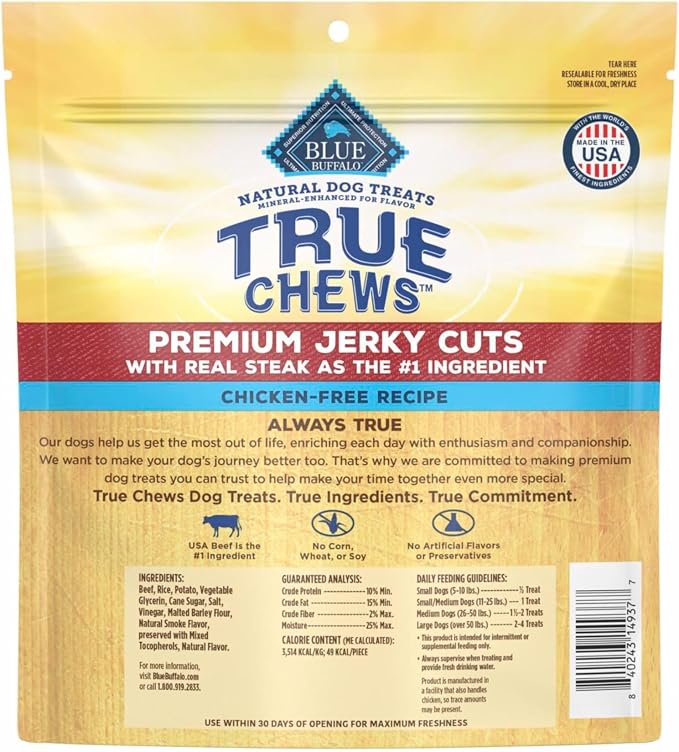 Blue Buffalo True Chews Premium Jerky Cuts with Real Steak, Chicken-Free Natural Dog Treats, Mineral-Enhanced for Flavor, 20 oz. Bag (Pack of 8)