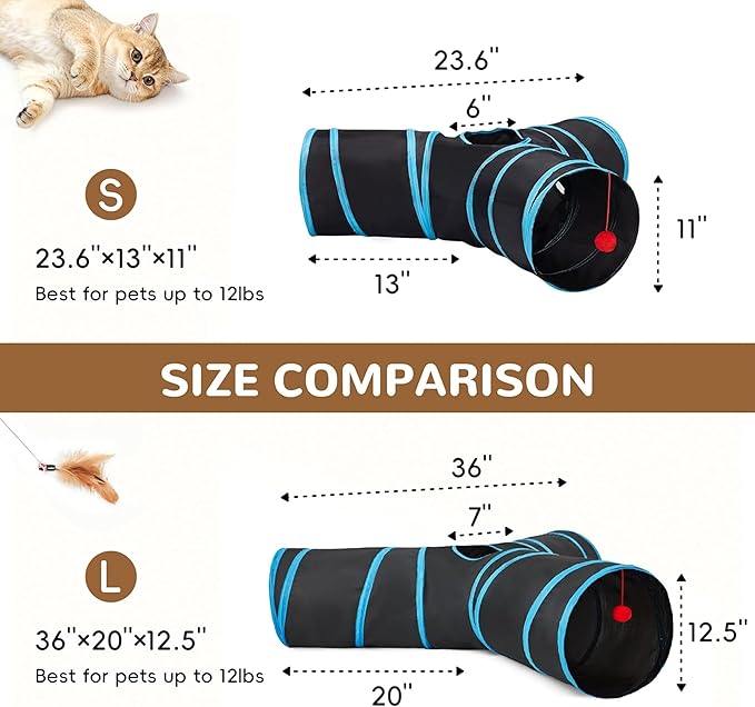 Tempcore Cat Tunnel for Indoor Cats, 3 Way Collapsible Pet Play Tunnel with Teaser Wand, Peek Holes & Hanging Ball, Interactive Tube for Kittens & Rabbits, Black & Blue Large Size