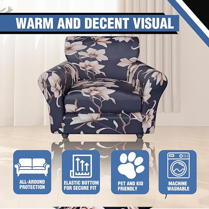 2 Piece Stretch Chair Covers Armchair Couch Covers,Floral Pattern Armchair Sofa Slipcover with Separate Chair Cushion Cover,Washable Furniture Protector for Living Room(Navy Blue)