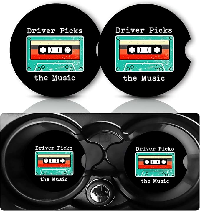 2Pack Driver Picks The Music Car Cup Holder Coaster,Retro Cassette Tapes Gifts for Women Men,Vehicle Interior Drink Mat Reusable Neoprene Car Coasters for Cup Holders Decor Automotive Accessories