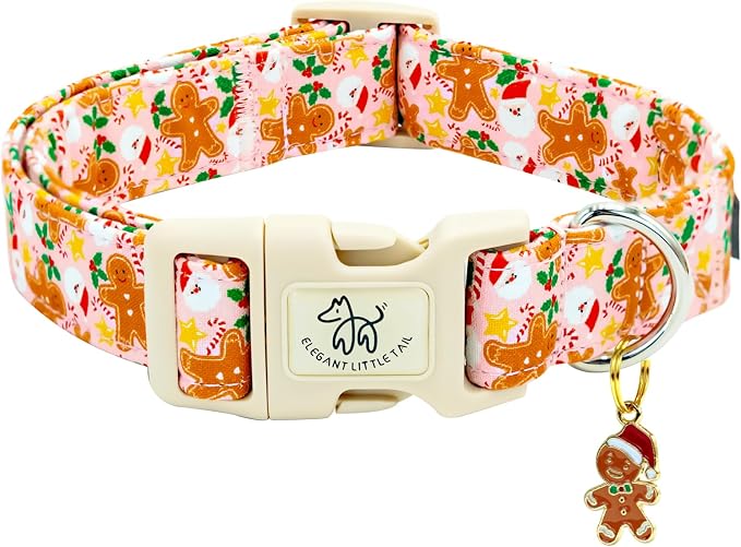 Elegant little tail Christmas Dog Collar - Pink Gingerbread Man Print Cotton Soft Plastic Buckle Sturdy Puppy Collars Holiday Female or Male Adjustable Collar for X-Small Dogs