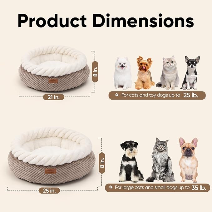 FUKUMARU Dog Bed, 25in Large Round Cat Beds, Plush Faux Fur&Corduroy Cat Beds, Cute Round Washable Pet Bed for Large Cats and Small Dogs, Cat Cave with Anti-Slip Bottom, 25inch, Camel