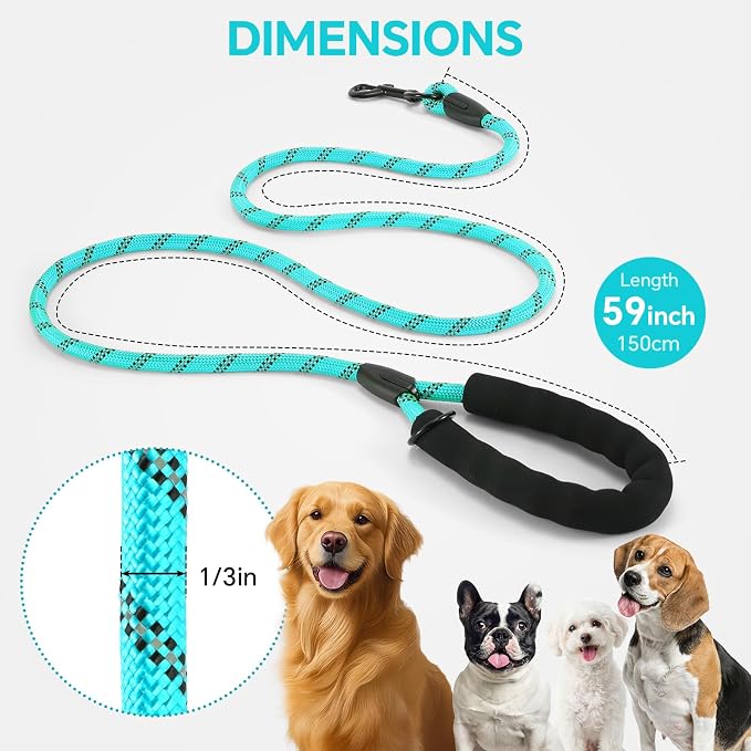 Heavy Duty Dog Leash - 4.9 FT for Large and Small Dogs - Strong Nylon, Comfortable Handle, Reflective Stitching - Ideal for Walking, Training, and Outdoor Activities, Turquoise