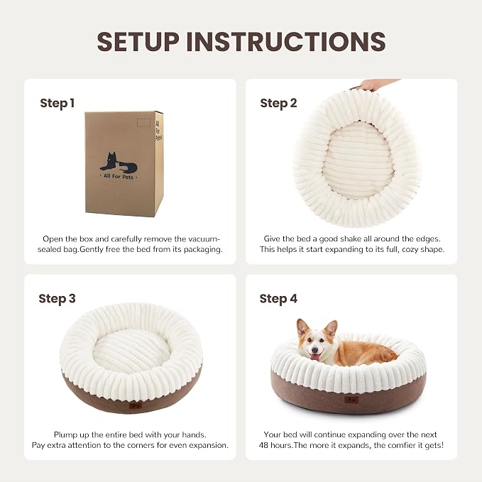 Donut Dog Bed Medium Size Dog 30 Inch, Round Cat Beds for Small Medium Dogs and Cats with Washable Fluffy Faux Fur, Cute Comfort Pet Bed with Anti-Slip Bottom, Cream