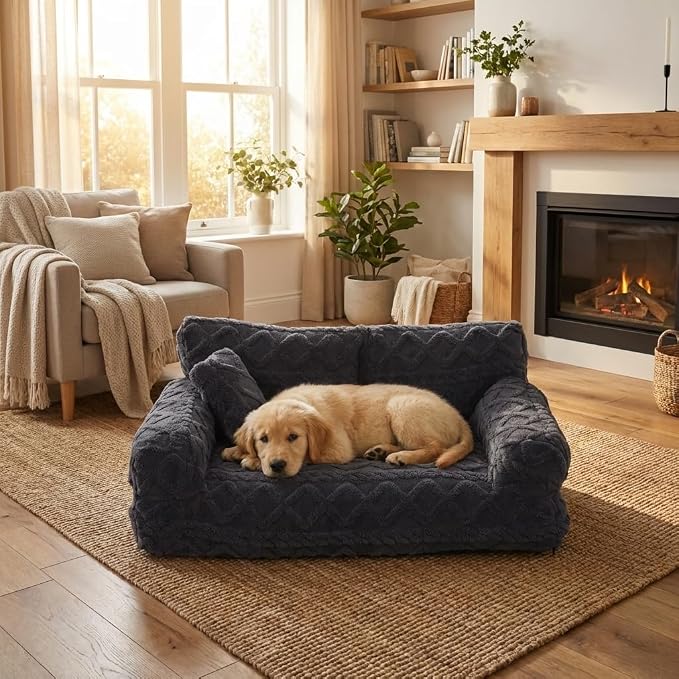 Plush Calming Pet Sofa Bed with Removable Cover, Fluffy Dog Cat Bed Pet Couch Beds Plush, Plushs Cat Couch Bed, Soft Warming Washable Puppy Bed (Dark Grey, XX-Large)