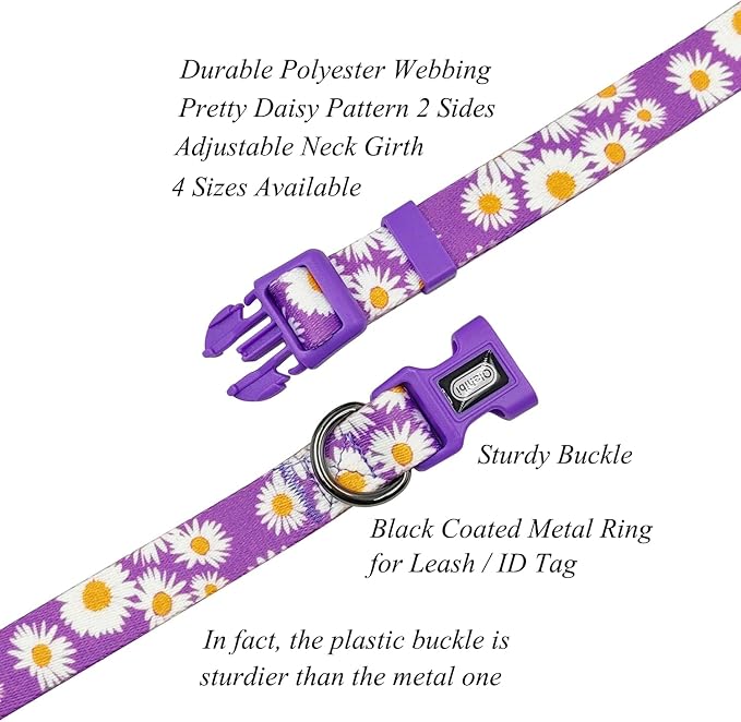Dog Collar and Leash Set, Cute Daisy Pattern, Polyester Material, 5ft Leash, for Puppy Dogs.(Extra Small,Purple Daisy)