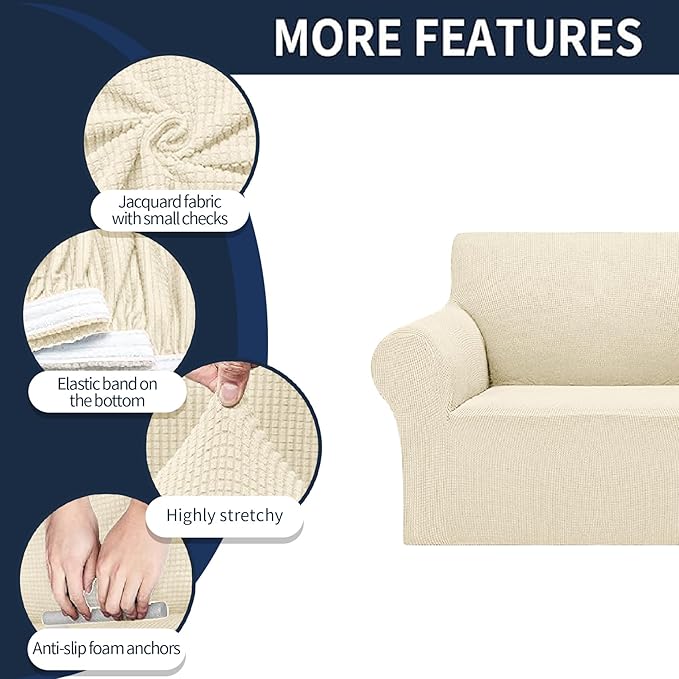 Cupuamon 2026 New Stretch Sofa Slipcovers Couch Cover for 3 Cushion Furniture Protector Sofa Covers with Elastic Bottom Jacquard Fabric Small Checks for Pets, Kids -Sofa, Beige