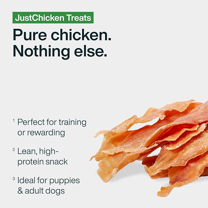 JustFoodForDogs Single Ingredient Healthy Dog Treats and Dog Snacks, Jerky Treats, Human Grade, Preservative and Grain Free, Rawhide Free Chews, Low Calorie Treat - Chicken Breast, 18 oz