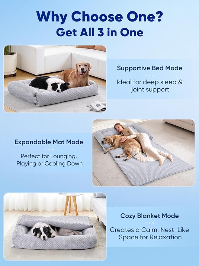 Rywell 3-in-1 Cooling Human Dog Bed, 78" x 47"-Fully Unfolded, Dog Cooling Mat with Arc-Chill Tech (Q-Max>0.5), Dog Crate Pad for Summer, Non-Slip & Fully Machine Washable, Gift for Dog Lovers, Grey