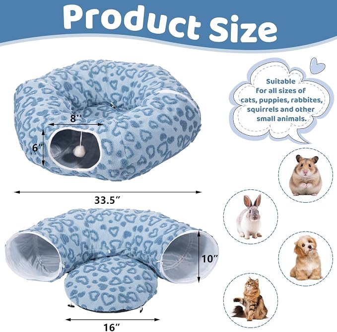 Cat Tunnel Bed, Cute Cat Tunnel Toy with Washable Cushion, Fits Indoor Cats up to 25 lbs, Cute Peekaboo Cave Pet Bed for Kittens, Rabbits, Blue Heart