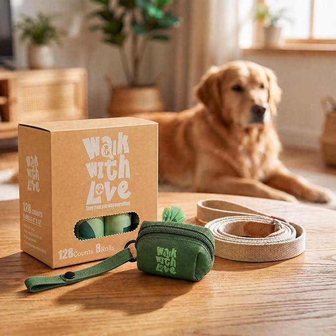 Poop Bags for Dogs, Leak Proof and Landfill Friendly Waste Bags for Dog Walking and Cats Litter, Fits Leash Dispenser, Unscented, 128 Bags（8 Rolls × 16 Bags),Green