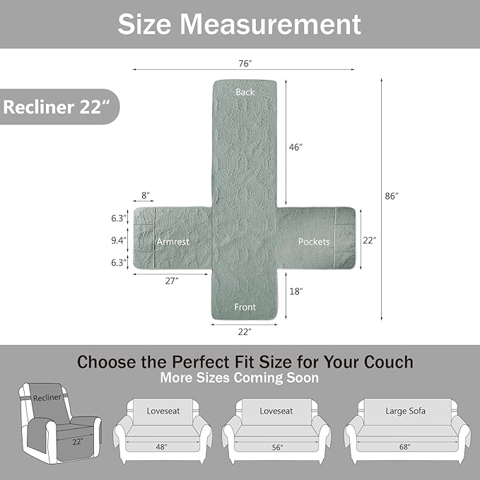 Quilted Recliner Covers, Water-Repellent Recliner Slipcovers, Recliner Covers Stay in Place, Pet Friendly Recliner Cover for Dogs, Washable Chair Protector (Recliner 22", Sage Blue)