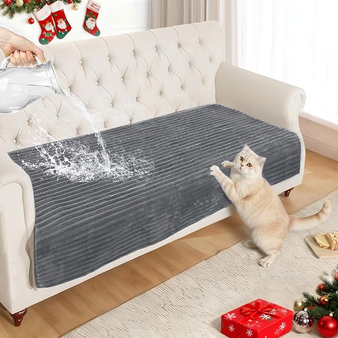 NAISI Couch Covers for Dogs Waterproof Flannel Striped Sofa Cover Pet Friendly Washable Dog Mat for Couch Anti Slip Sectional Sofa Slipcover Protector(1pc/35"x 70",Dark Grey)