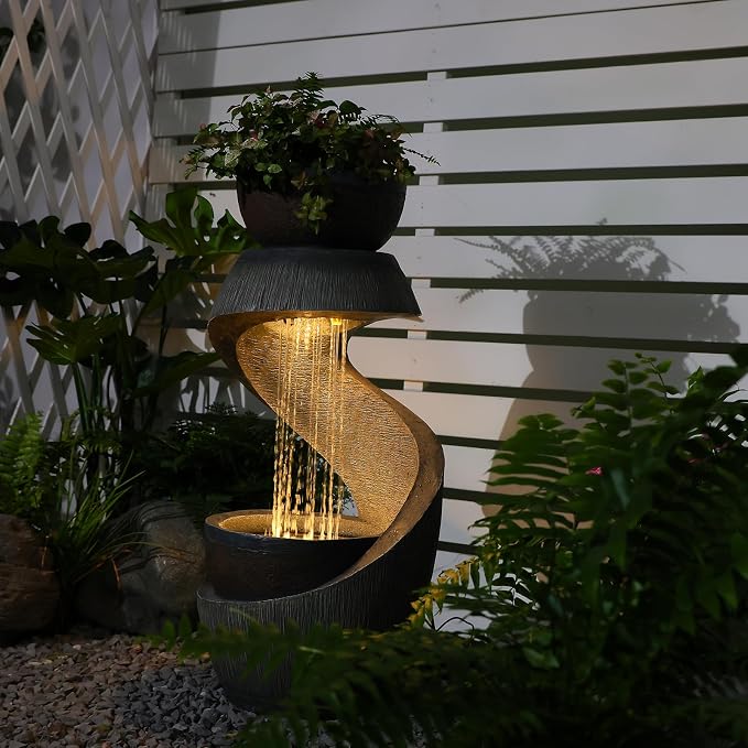 31.9" S-Shaped Outdoor Water Fountain with Lights – Resin Waterfall Fountain Outdoor with Planter Bowl, Modern Grey Garden Water Feature for Patio, Balcony, Yard, Home Decor