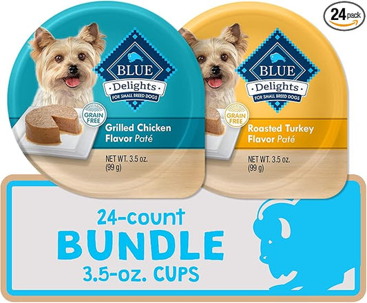 Blue Buffalo Delights Natural Adult Small Breed Wet Dog Food Cups, Pate Style, Roasted Turkey & Grilled Chicken 3.5-oz (24 Count - 12 of Each Flavor)