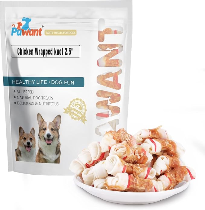 Chicken Wrapped Rawhide Bones, 2.5 Inch Mini Knots Dog Treats, High Protein 65% Puppy Chews and Satisfying Rewards for All Breeds, 8 Ounces