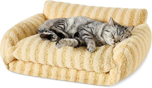 Hollypet Cat Bed Fluffy Plush Multifunctional Double-Layer Machine Washable Soft Warming Kitty Pet Couch Orthopedic Nest Beds for Small Cats Kitten and Dogs up to 13lbs, Yellow(21x15x8 inch)