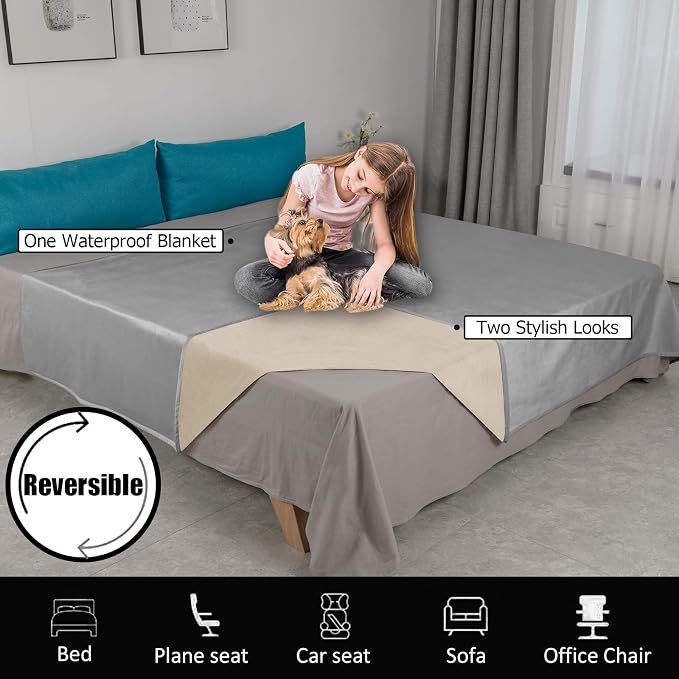 Ameritex Pet Bed Blanket Reversible 100% Waterproof Velvet Super Soft for Sofa and Bed (52x82 Inches, Light Grey+Beige)