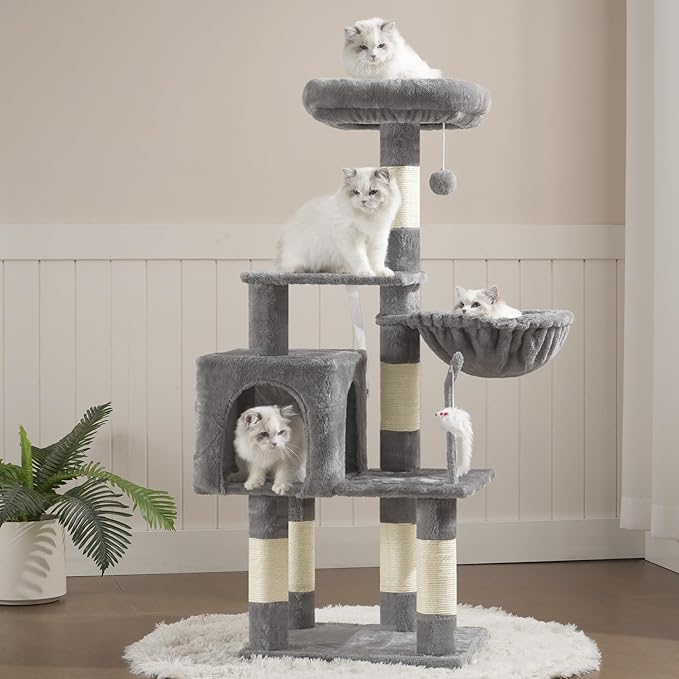 Heybly Cat Tree with Toy, Cat Tower condo for Indoor Cats, Cat House with Padded Plush Perch, Cozy Hammock and Sisal Scratching Posts, Light Gray HCT004SW