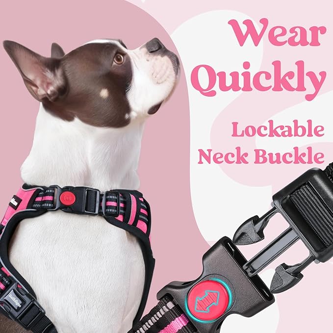 rabbitgoo Dog Harness for Large, No Pull Easy On & Off with 3 Buckles Pet Harness, Adjustable Soft Walking Vest with 2 Clips and Handle, Reflective for Large Dogs, Rose Pink, L