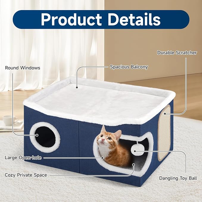 Shikha Cat Beds for Indoor Cats, Extra Wide Cat Cube House for Multi Cats, Foldable Cat Cave Hideaway with Arc-Edge Design & Oval Door, Reversible Cushion for All Seasons, 24"L x 17.7"D x 12.6"H, Blue