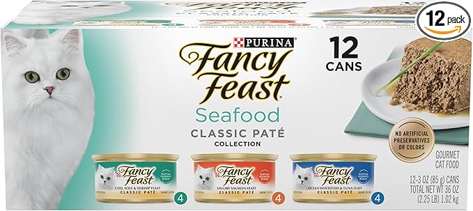 Purina Fancy Feast Seafood Classic Pate Collection Grain Free Wet Cat Food Variety Pack - (2 Packs of 12) 3 oz. Cans