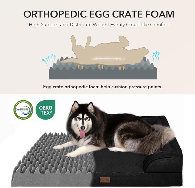 Orthopedic Dog Beds for Extra Large Sized Dogs 45x35 Inch, XL Waterproof Egg Crate Foam Dog Sofa Bed with Removable Washable Cover Big Pet Couch with Bolster & Non-Slip Bottom, Black