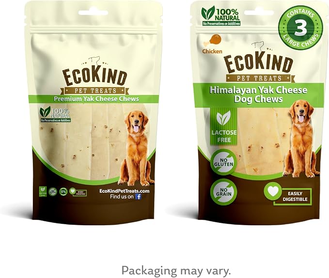 EcoKind Yak Cheese Himalayan Dog Chews, Yak Chews for Large Dogs, Long Lasting Bone for Aggressive Chewers, Only 4 Ingredients, Natural High Protein Dog Treats, No Additives, Chicken, Large - 3 Chews