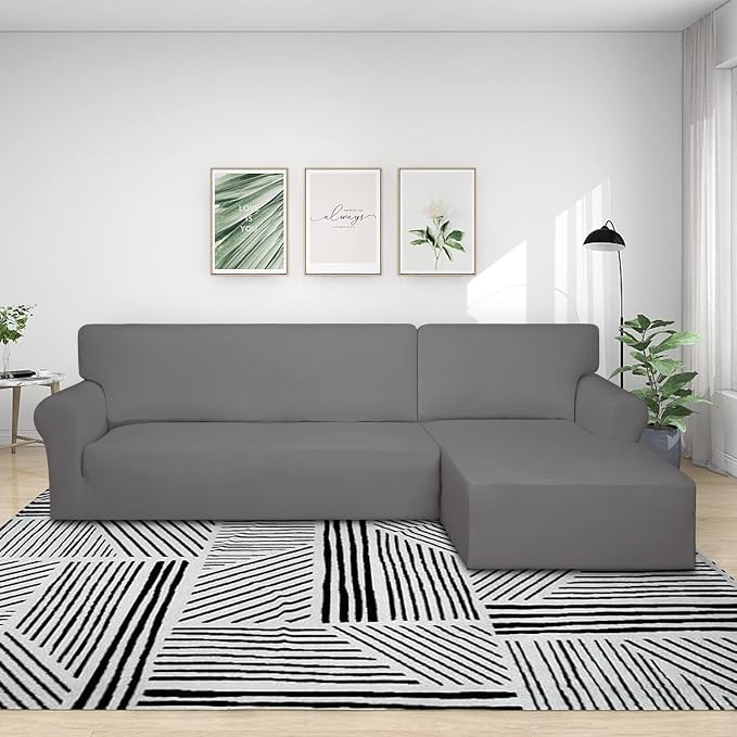 PureFit Super Stretch Sectional Couch Covers - 2 pcs Spandex Non Slip Sofa Covers with Elastic Bottom for L Shape Sectional Sofa Couch, Great for Kids & Pets (3 Seat Sofa + 2 Seat Chaise, Light Gray)