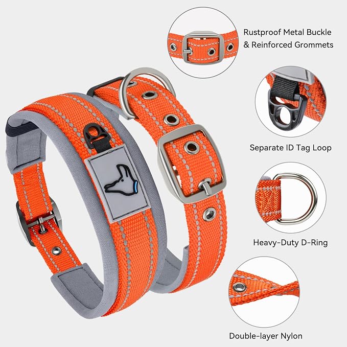 Joytale Dog Collar for Extra Large Dogs, Neoprene Padded and Adjustable, Reflective Wide Heavy Duty Pet Collars with Durable Metal Belt Buckle for Walking, Orange, XL