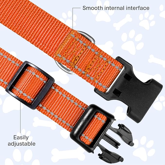 FunTags Length 10" - 16" Reflective Orange Dog Collar for Small Dogs – Night Walking & Training Safety, Durable Quick Release Buckle, Nylon, Comfortable Adjustable, Width 3/4"