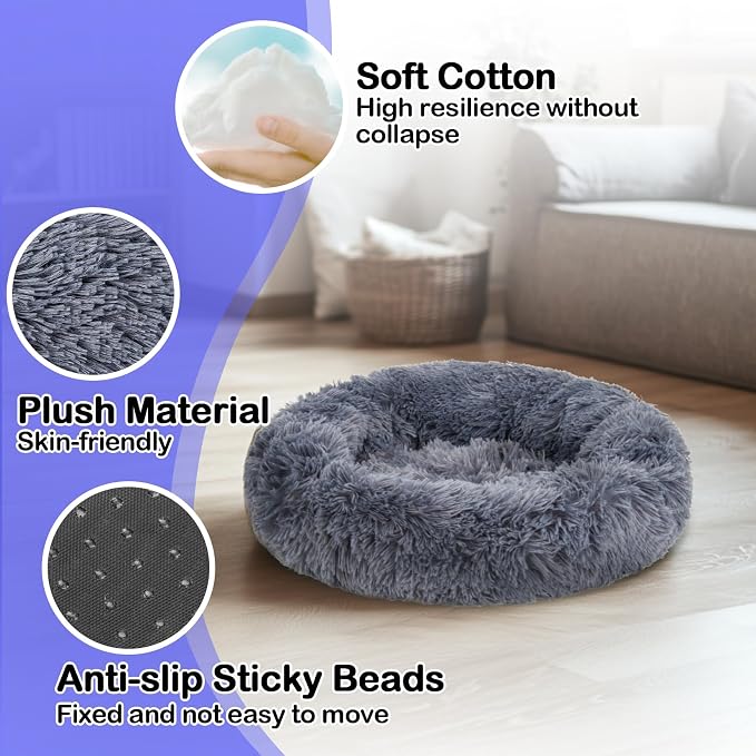 RAINFLOW Cat Bed - Calming Cat Bed for Small Kittens Donut Washable Round for Indoor Kittens and Puppies, Anti-Slip Round Fluffy Plush Faux Fur,Large, Dark Blue